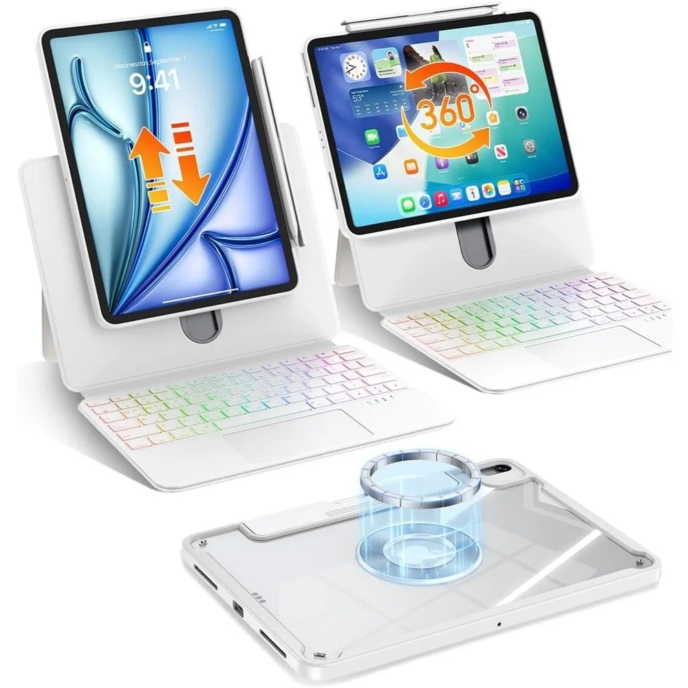 Title: Clear 360° Rotating Keyboard Case for iPad Air 13 M4/M2 & Pro 12.9 - Whi